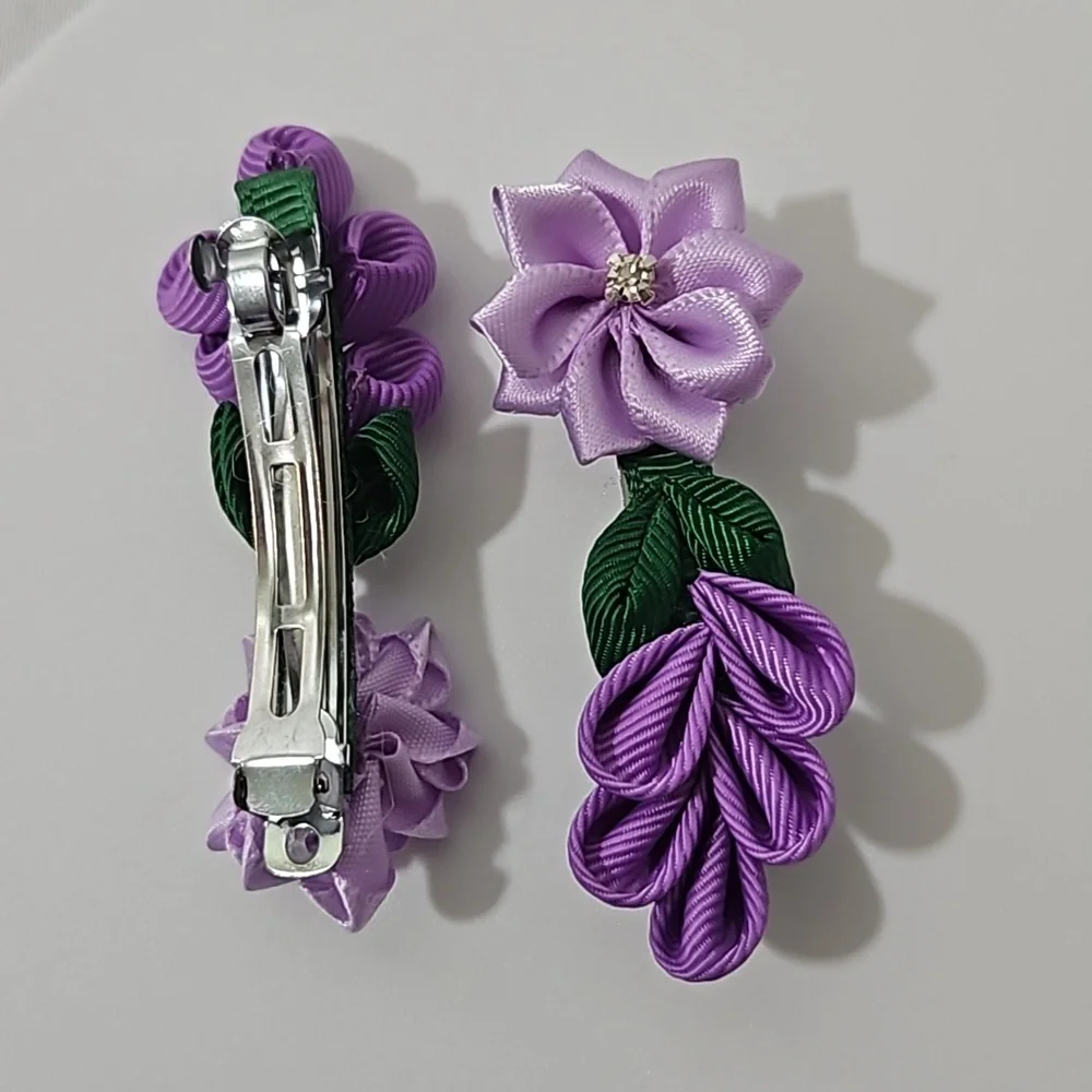 Hand Crafted Purple Barrette Hair Clip Floral Ribbon flowers purple 2- Piece set